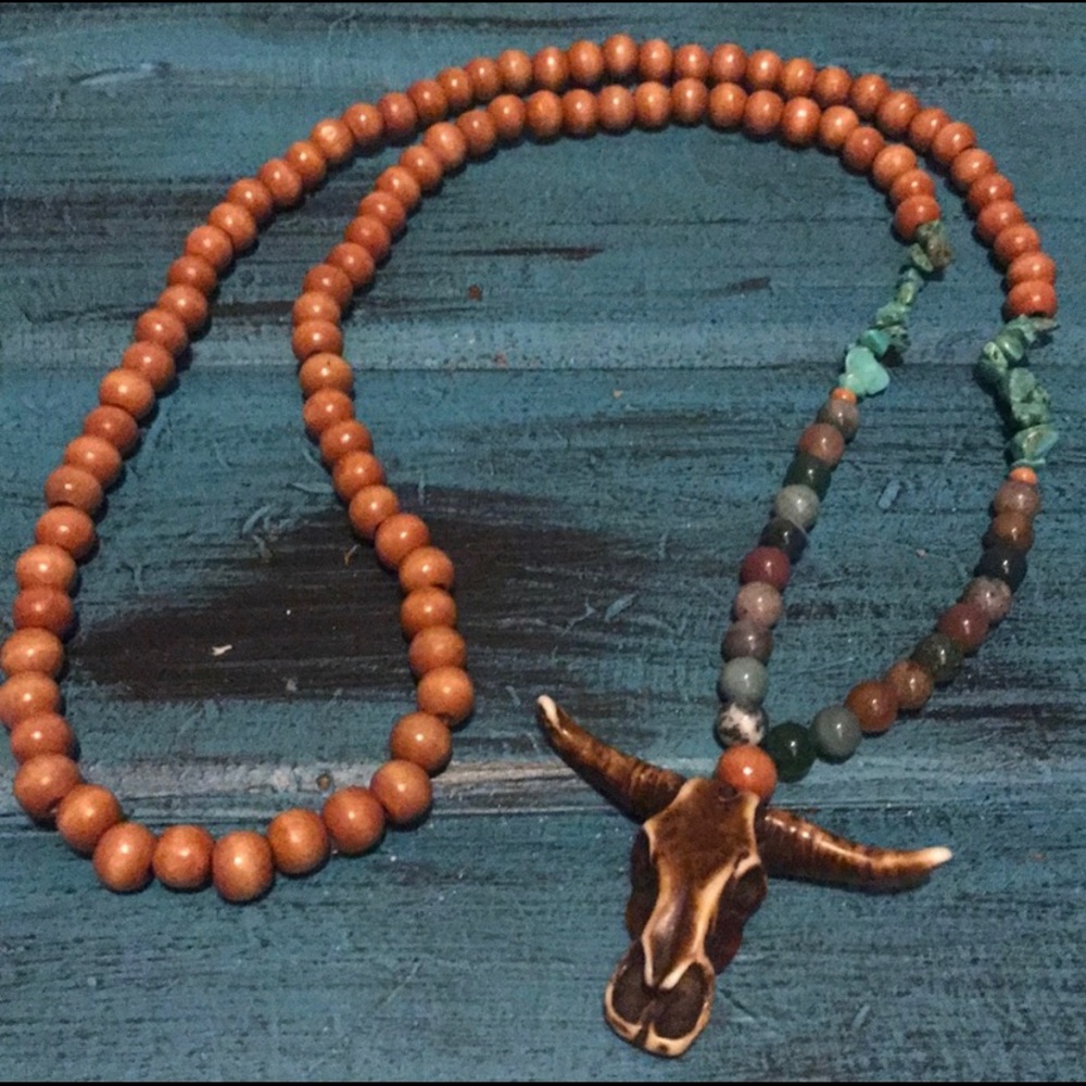 Cow skull long beaded necklace